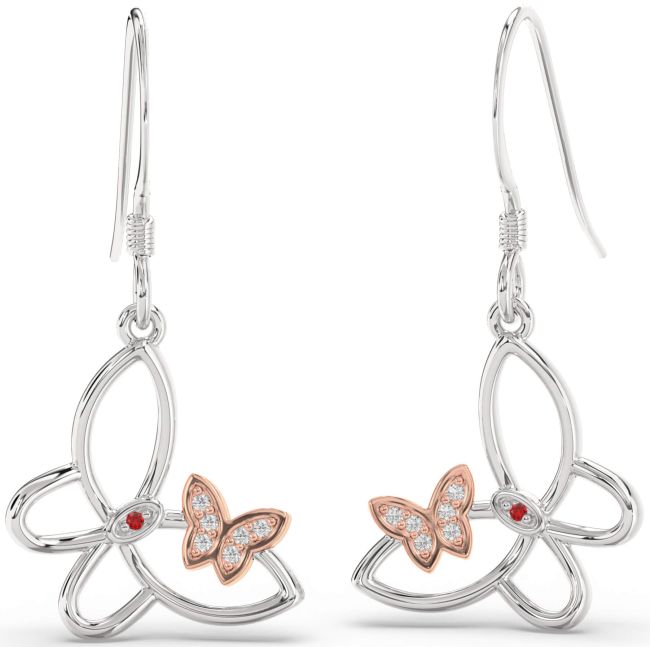 Diamond & Ruby White Rose Gold Butterfly Dangle Earrings