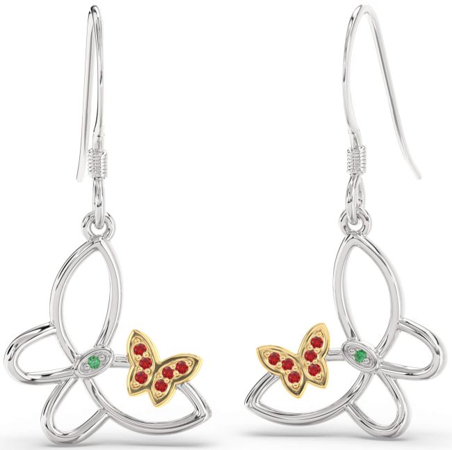 Emerald & Ruby White Yellow Gold Butterfly Dangle Earrings