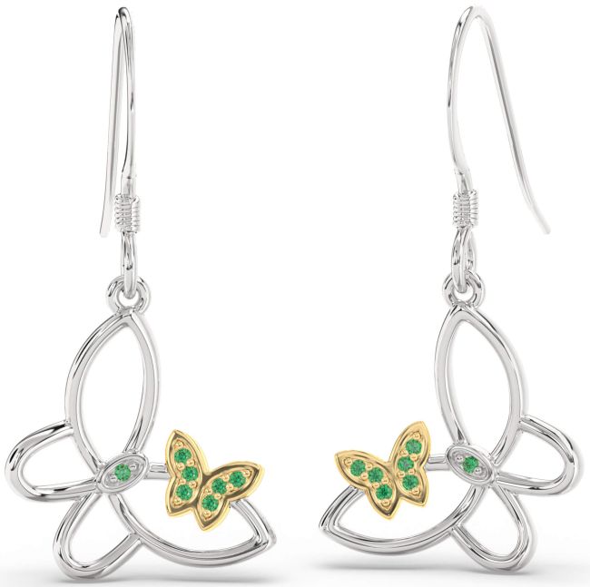 Emerald Platinum & Yellow Gold Butterfly Dangle Earrings
