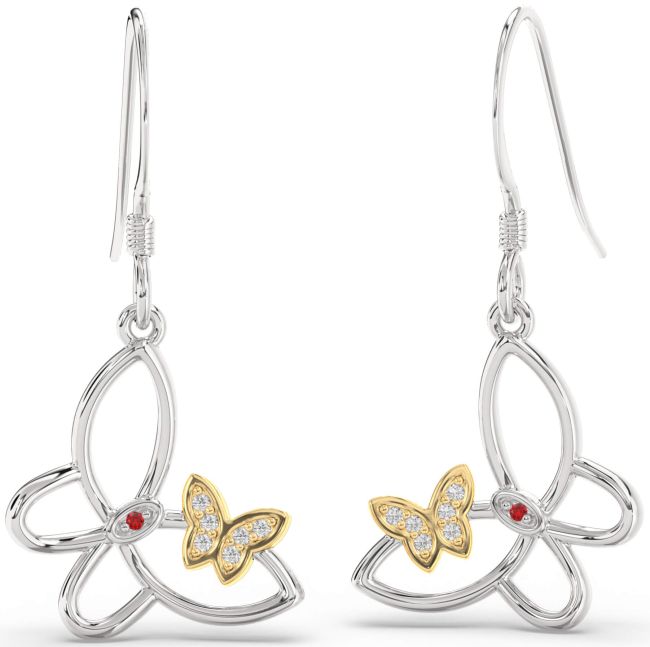 Diamond & Ruby Gold Silver Butterfly Dangle Earrings
