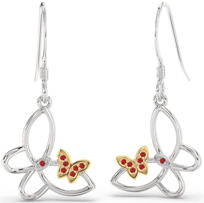 Ruby Gold Silver Butterfly Dangle Earrings