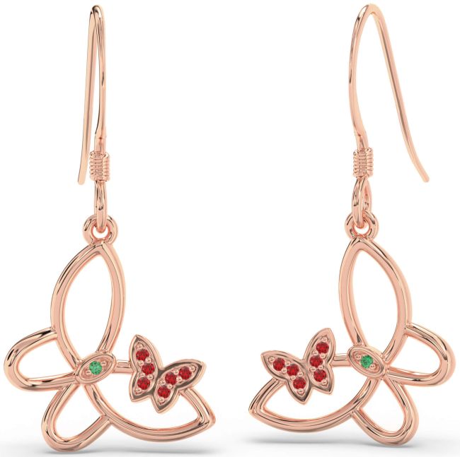 Emerald & Ruby Rose Gold Butterfly Dangle Earrings
