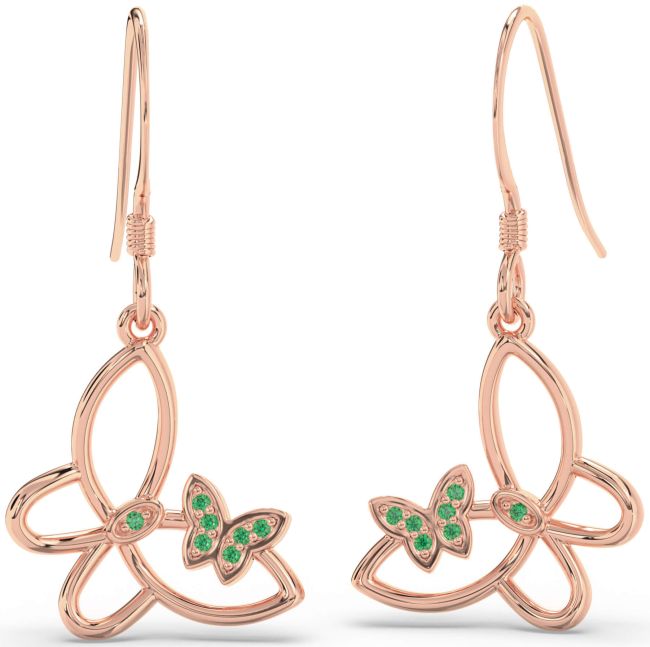 Emerald Rose Gold Silver Butterfly Dangle Earrings