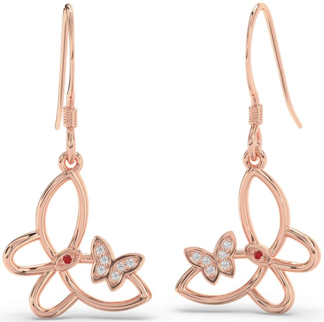 Diamond & Ruby Rose Gold Silver Butterfly Dangle Earrings