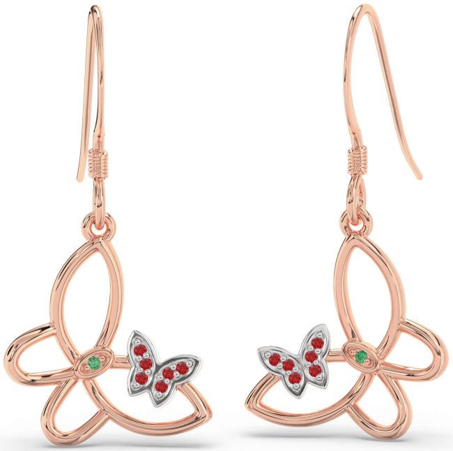Emerald & Ruby White Rose Gold Butterfly Dangle Earrings