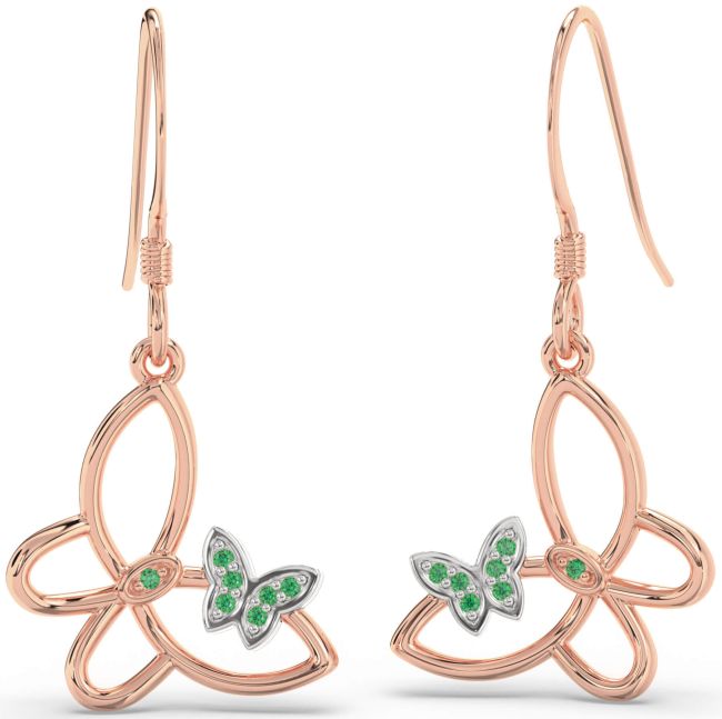 Emerald Rose Gold Silver Butterfly Dangle Earrings