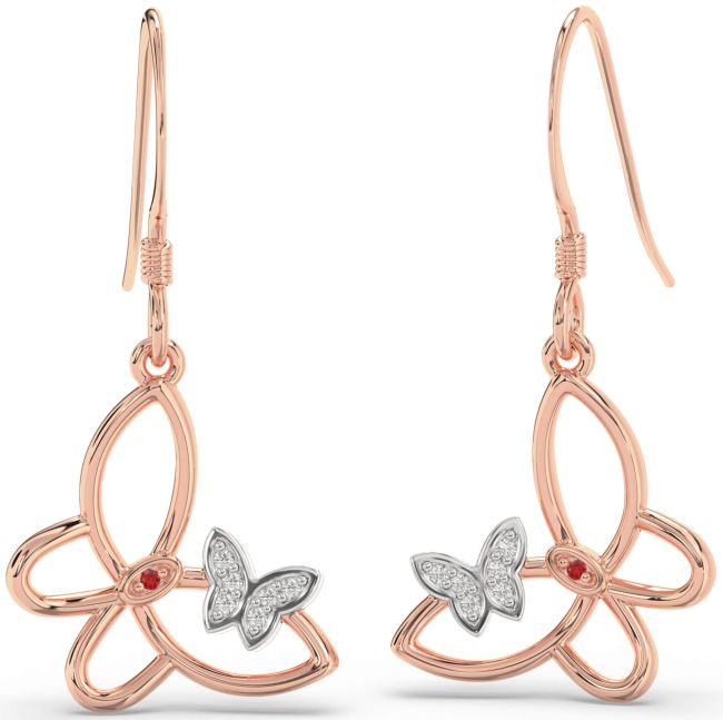 Diamond & Ruby Rose Gold Silver Butterfly Dangle Earrings