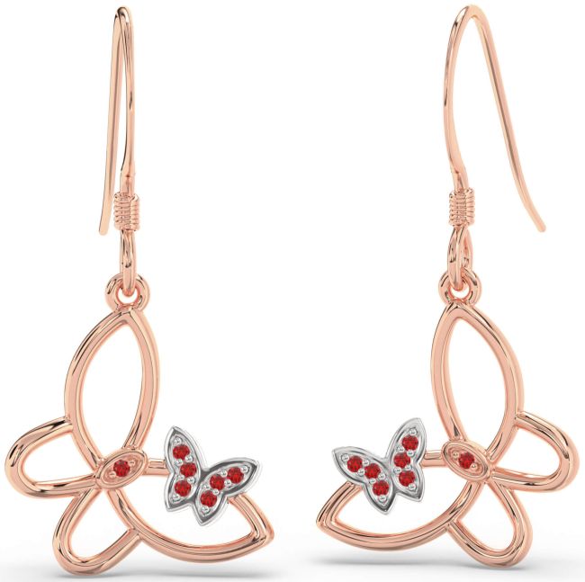 Ruby White Rose Gold Butterfly Dangle Earrings