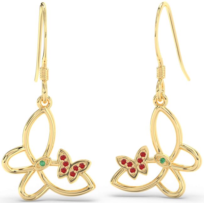 Emerald & Ruby Gold Butterfly Dangle Earrings