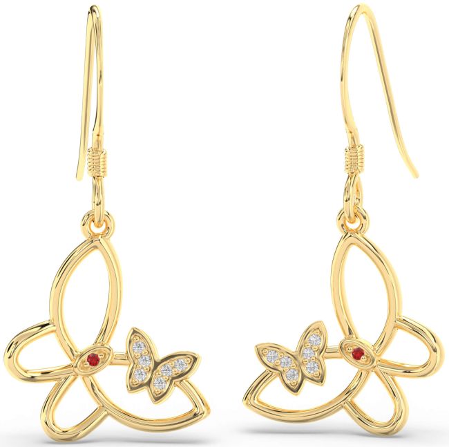 Diamond & Ruby Gold Silver Butterfly Dangle Earrings