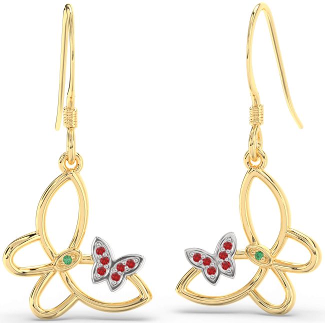 Emerald & Ruby Gold Silver Butterfly Dangle Earrings