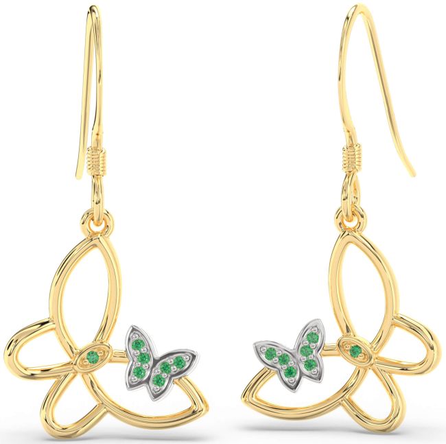 Emerald Gold Silver Butterfly Dangle Earrings