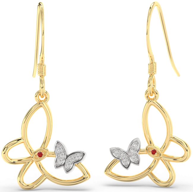 Diamond & Ruby Gold Silver Butterfly Dangle Earrings