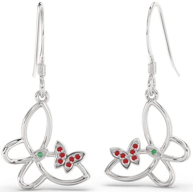 Emerald & Ruby White Gold Butterfly Dangle Earrings