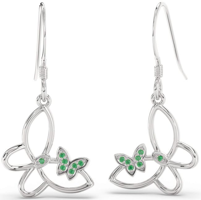 Emerald Silver Butterfly Dangle Earrings