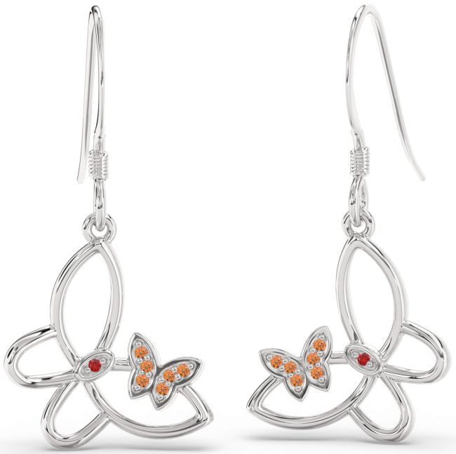 Ruby & Citrine Silver Butterfly Dangle Earrings