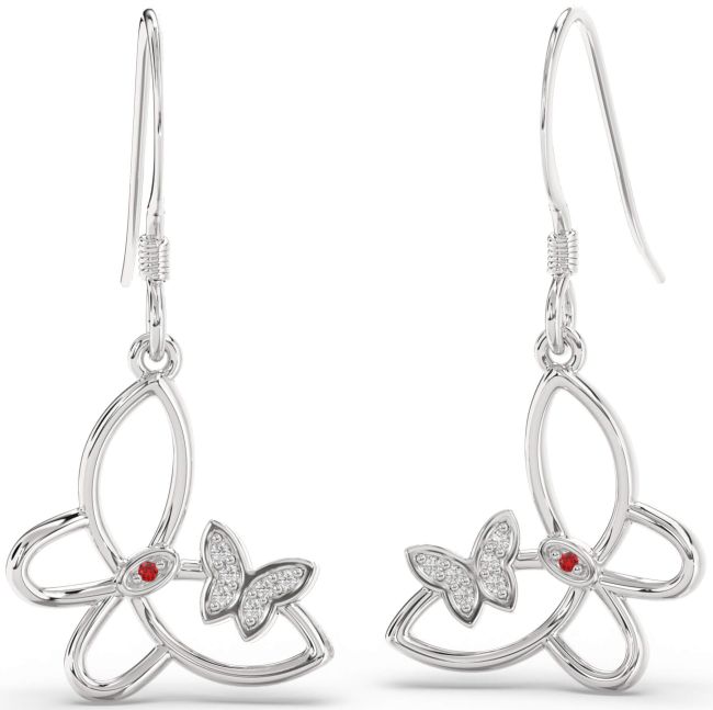 Diamond & Ruby White Gold Butterfly Dangle Earrings