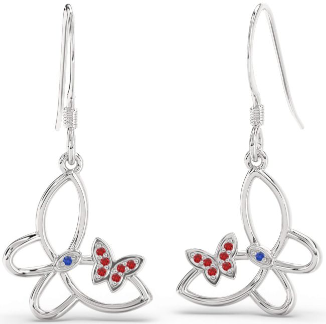 Blue Sapphire & Ruby Platinum Butterfly Dangle Earrings