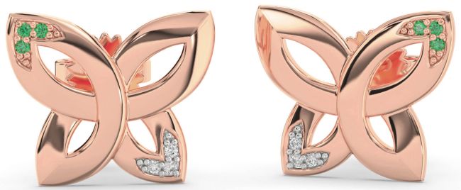 Diamond & Emerald Rose Gold Knot Stud Earrings