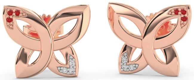 Diamond & Ruby Rose Gold Silver Knot Stud Earrings