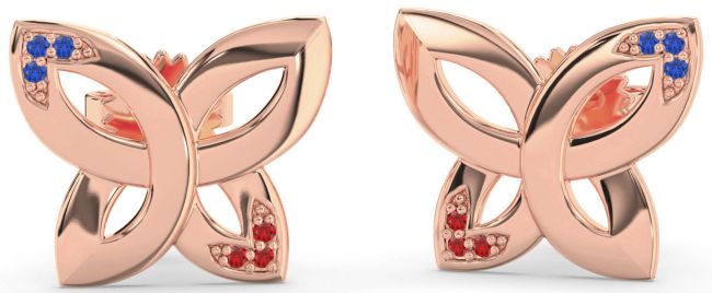 Blue Sapphire & Ruby Rose Gold Silver Knot Stud Earrings