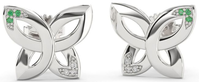 Diamond & Emerald Silver Knot Stud Earrings
