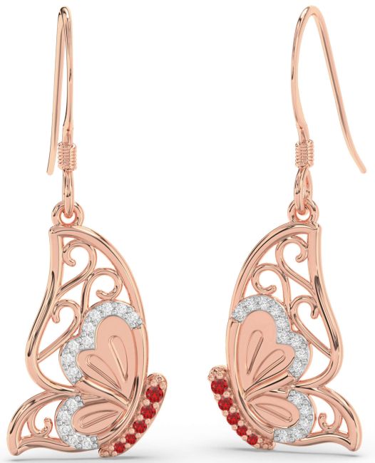 Diamond Ruby Rose Gold Butterfly Dangle Earrings