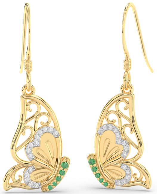 Diamond Emerald Gold Butterfly Dangle Earrings