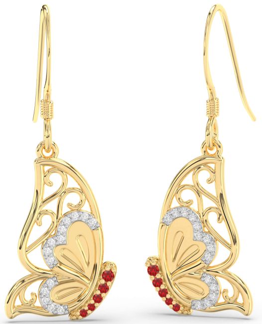 Diamond Ruby Gold Butterfly Dangle Earrings