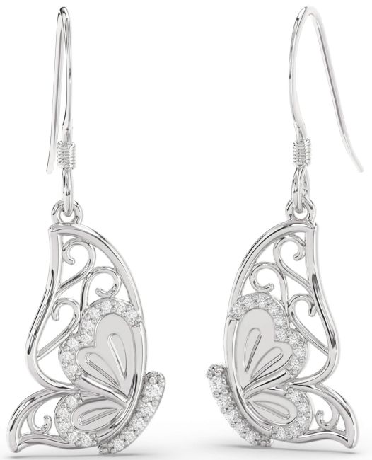 Diamond Silver Butterfly Dangle Earrings