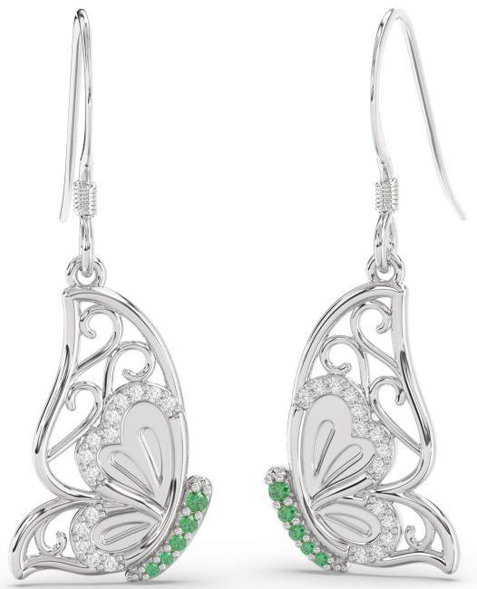 Diamond Emerald Platinum Butterfly Dangle Earrings