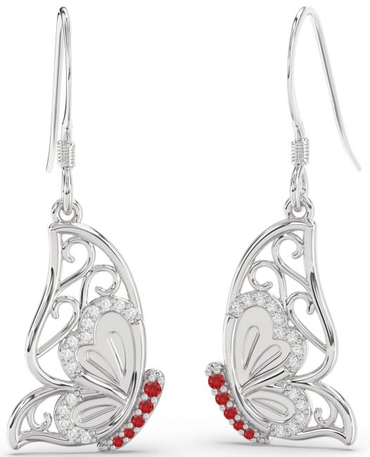 Diamond Ruby Silver Butterfly Dangle Earrings