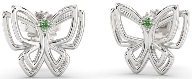 Green Diamond Silver Butterfly Dangle Earrings