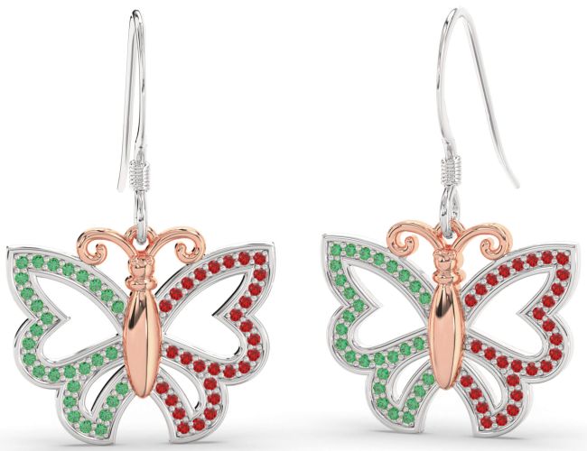 Emerald & Ruby Platinum & Rose Gold Butterfly Dangle Earrings