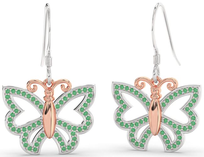 Emerald Platinum & Rose Gold Butterfly Dangle Earrings