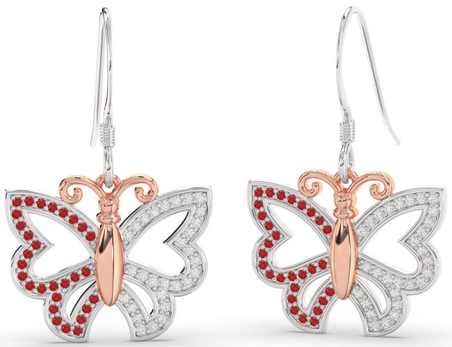 Diamond & Ruby Rose Gold Silver Butterfly Dangle Earrings