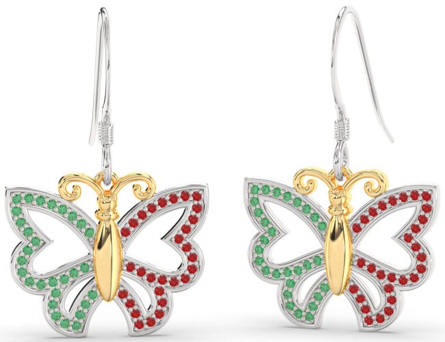 Emerald & Ruby Platinum & Yellow Gold Butterfly Dangle Earrings