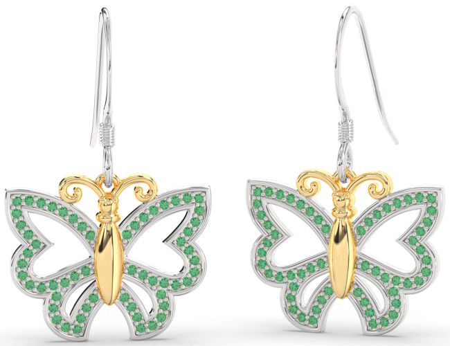 Emerald Silver & 10K gold Butterfly Dangle Earrings