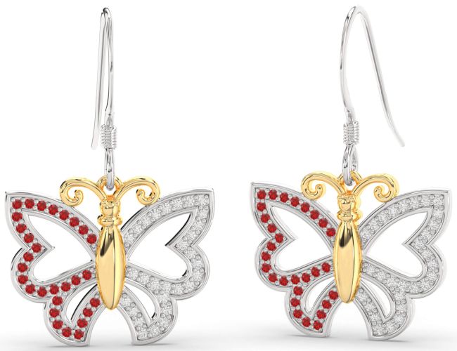 Diamond & Ruby Gold Silver Butterfly Dangle Earrings
