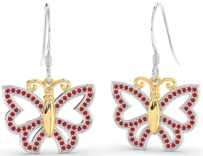 Ruby White Yellow Gold Butterfly Dangle Earrings