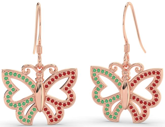 Emerald & Ruby Rose Gold Butterfly Dangle Earrings