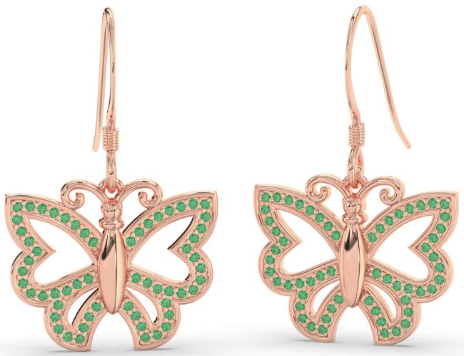 Emerald Rose Gold Silver Butterfly Dangle Earrings