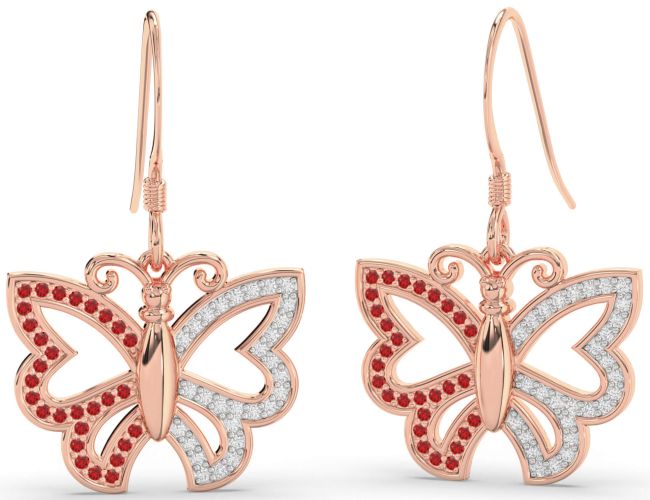 Diamond & Ruby Rose Gold Butterfly Dangle Earrings