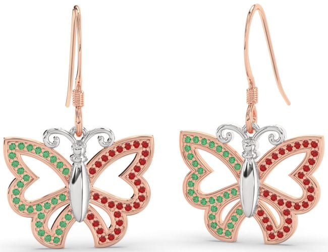 Emerald & Ruby White Rose Gold Butterfly Dangle Earrings
