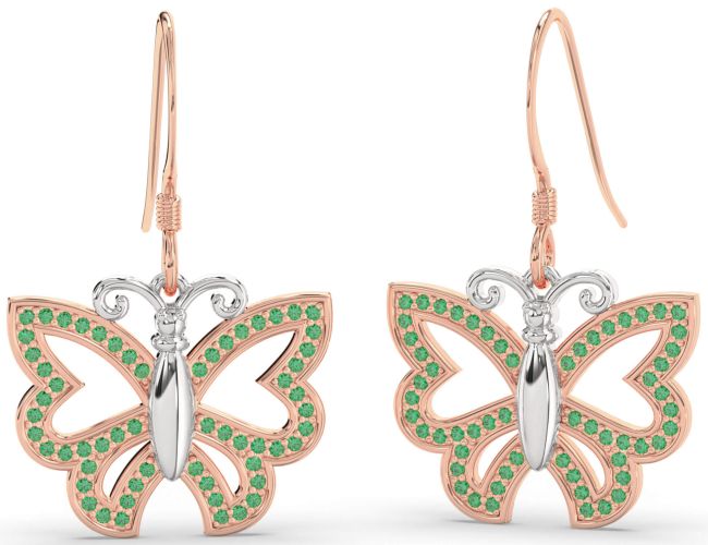 Emerald Rose Gold Silver Butterfly Dangle Earrings