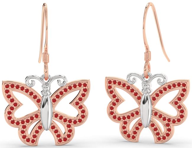 Ruby White Rose Gold Butterfly Dangle Earrings