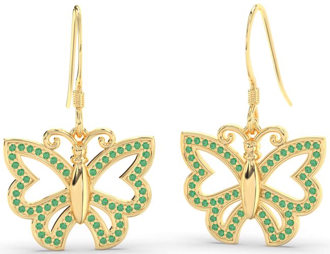 Emerald Gold Silver Butterfly Dangle Earrings