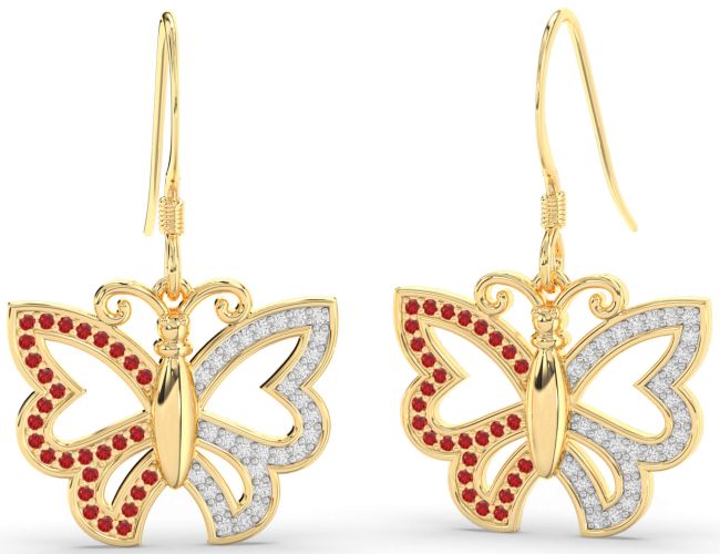 Diamond & Ruby Gold Butterfly Dangle Earrings