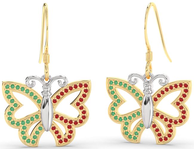 Emerald & Ruby Platinum & Yellow Gold Butterfly Dangle Earrings