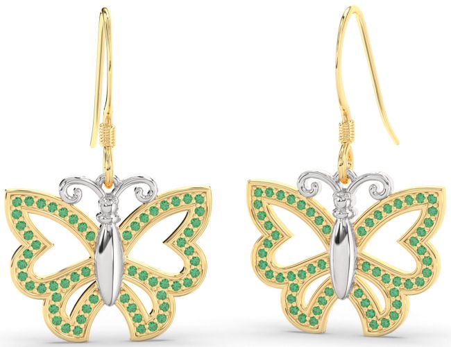 Emerald Gold Silver Butterfly Dangle Earrings